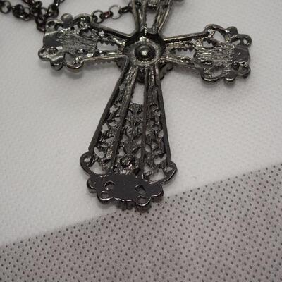 Beautiful Jet Black Filigree Cross Pendant Necklace, Statement Jewelry 