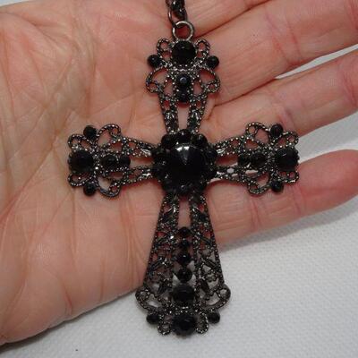 Beautiful Jet Black Filigree Cross Pendant Necklace, Statement Jewelry 