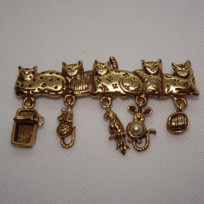 Vintage Gold Tone Cat Pin, 5 Cats, Mice, Parrot, Tuna Can - Cute! 