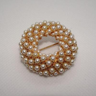 MCM Gold Tone Pearl Cluster Brooch, Signed 