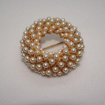 MCM Gold Tone Pearl Cluster Brooch, Signed 