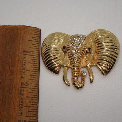 Rhinestone Gold Tone Elephant Brooch, Tusks