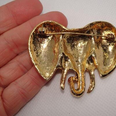 Rhinestone Gold Tone Elephant Brooch, Tusks