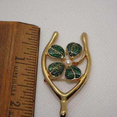 4 Leaf Clover & Wishbone Gold Tone Brooch, Lucky 4-Leaf Clover Jewelry - Saint Patrick's Day 