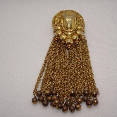 Signed Judith Green Gold Tone Chain Brooch, Statement Jewelry 