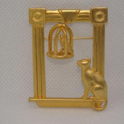 Fun Kitten checking out the birdy in the cage Brooch, Gold Tone 