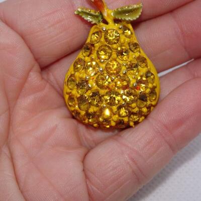 MCM Rhinestone Yellow Pear Pin, Fruit Jewelry
