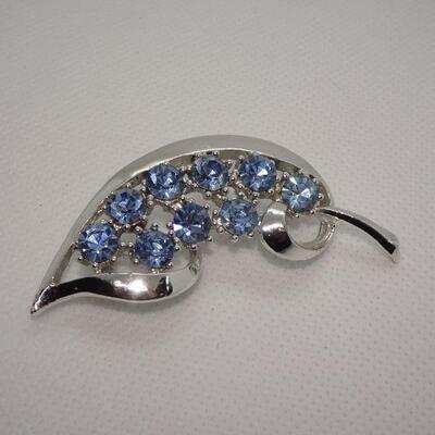 Silver Tone Blue Rhinestone Brooch Pin 