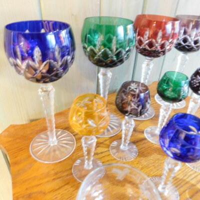 Set of Color Crystal Glass and Stem Drinking Glasses Various Sizes and Design