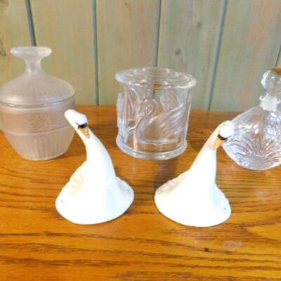 Collection of Crystal Perfume and Vanity Bottles and Porcelain Goose Neck Wall Mount Hangers