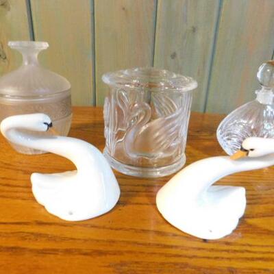 Collection of Crystal Perfume and Vanity Bottles and Porcelain Goose Neck Wall Mount Hangers