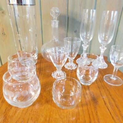 Collection One Clear Crystal and Glass Flutes, Decanter, Bar Items, Etc