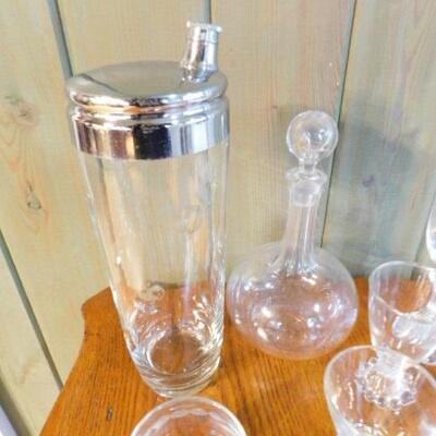 Collection One Clear Crystal and Glass Flutes, Decanter, Bar Items, Etc