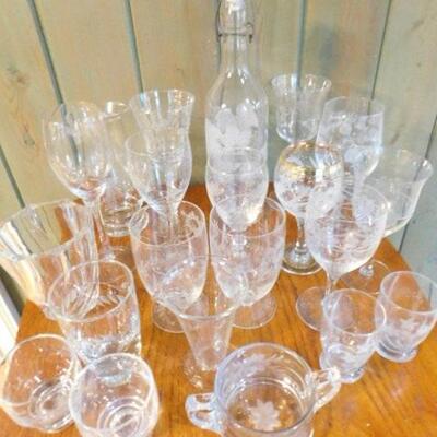 Collection Two Etched Crystal and Glass Wine and Other Glasses Various Patterns and Sizes