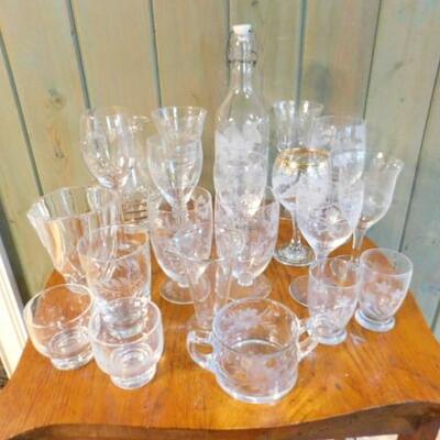 Collection Two Etched Crystal and Glass Wine and Other Glasses Various Patterns and Sizes