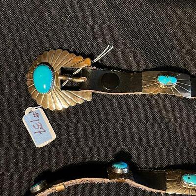 Native American Concho Belt Hand-crafted of sterling and bezel set,  oval, blue turquoise stones
