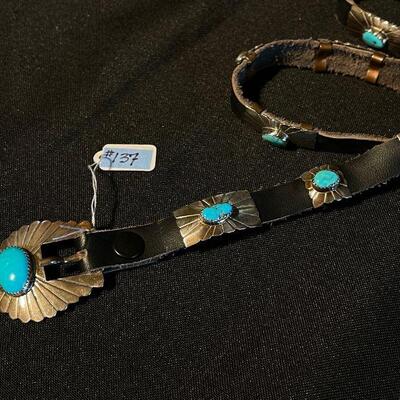 Native American Concho Belt Hand-crafted of sterling and bezel set,  oval, blue turquoise stones