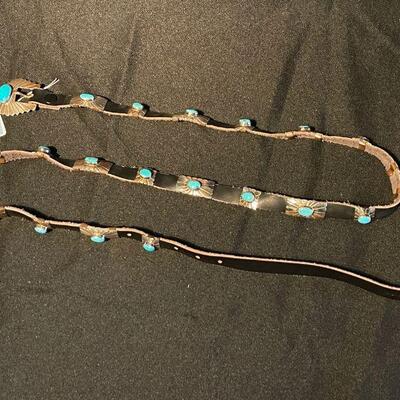 Native American Concho Belt Hand-crafted of sterling and bezel set,  oval, blue turquoise stones