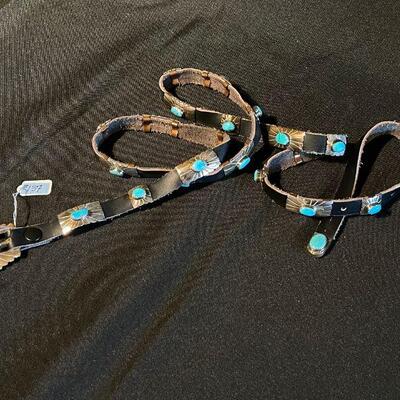 Native American Concho Belt Hand-crafted of sterling and bezel set,  oval, blue turquoise stones