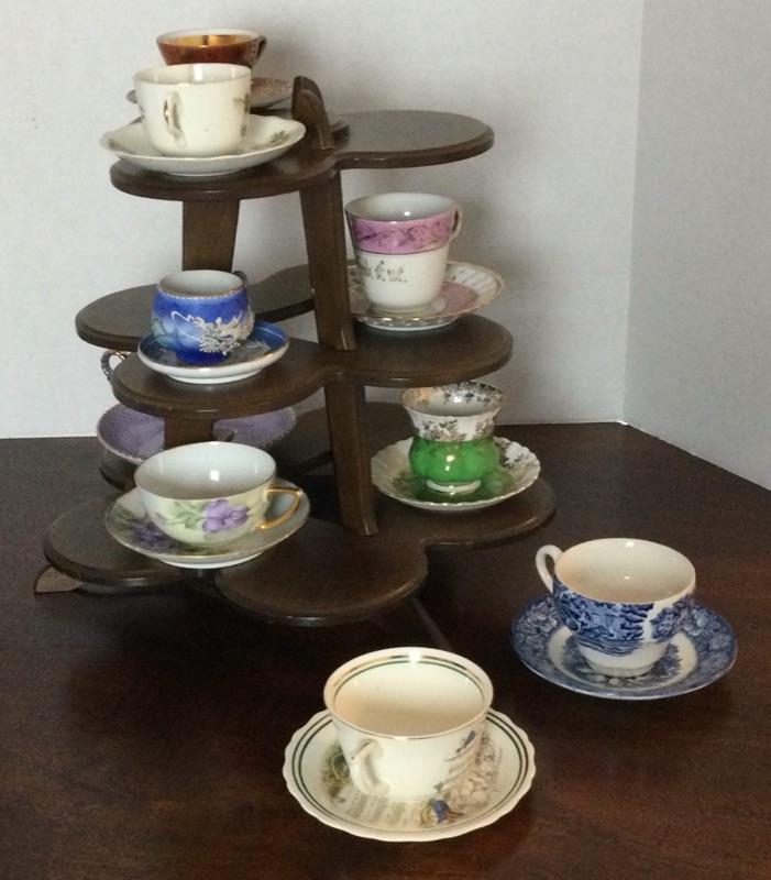 B329 Wood Three Tier Display Stand with Nine Tea Cups and Saucers