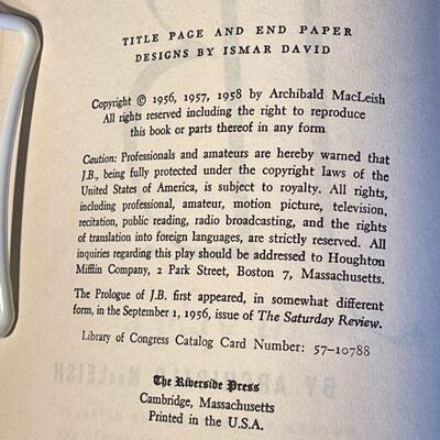 "J.B." Archibald Macleish Signed 1958 Edition