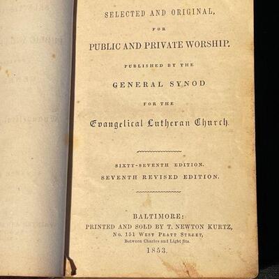 â€œHYMNS  For Public and Private Worshipâ€ General Synod for the Evangelical Lutheran Church 1853 