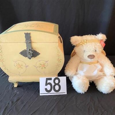 LOT#58LR: Small Painted Trunk w/ Gund Teddy Bear