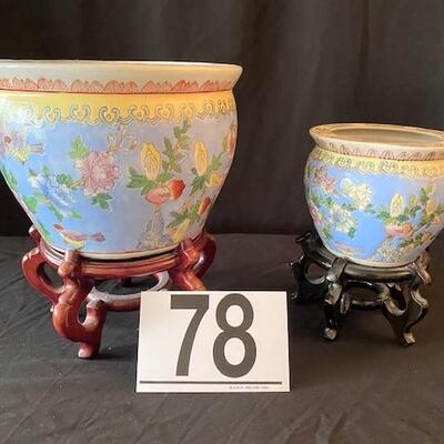 LOT#78LR: Pair of Asian Vases on Mahogany Stands