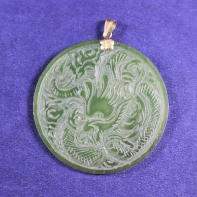 LOT#91J: Believed to be Jade Disk w/ Stamped 14K Gold Pendent