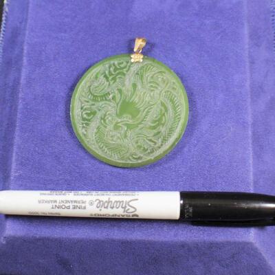 LOT#91J: Believed to be Jade Disk w/ Stamped 14K Gold Pendent