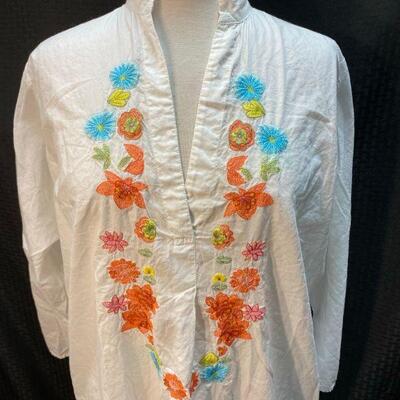 Silhouettes Flower Embroidered Cotton Night Shirt Loungewear Kaftan Size XL YD#020-1220-02059