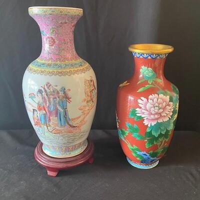 LOT#133LR: Cloisonne & Painted Asian Vases