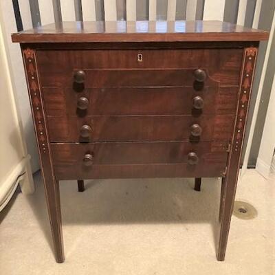 LOT#180MB: Inlaid Sewing Cabinet with Contents