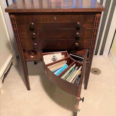 LOT#180MB: Inlaid Sewing Cabinet with Contents