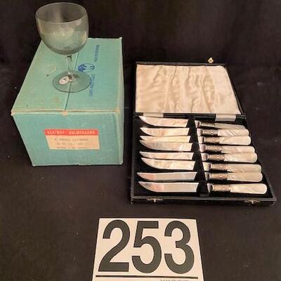 LOT#253K: Sheffield Knife Set w/ M.O.P. Handles & 6 NOS Elsinore Wineglasses