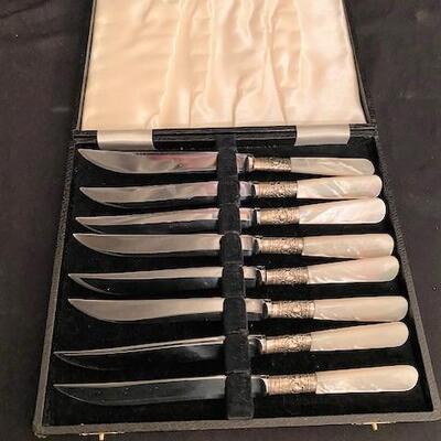 LOT#253K: Sheffield Knife Set w/ M.O.P. Handles & 6 NOS Elsinore Wineglasses