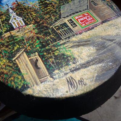 Signed Coca Cola Cast Iron Skillet Hand Painted Art, Folk Art, Church Scene, Out-House 