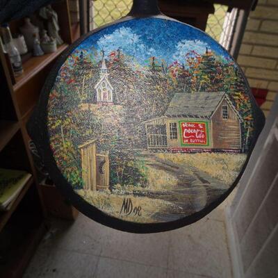 Signed Coca Cola Cast Iron Skillet Hand Painted Art, Folk Art, Church Scene, Out-House 