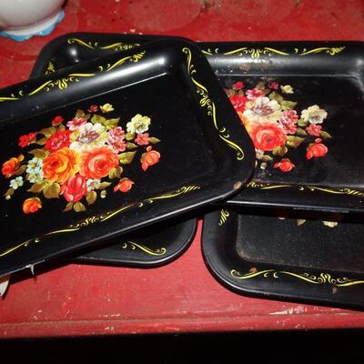 5 Mini Metal Coaster Trays, Hand Painted Roses 