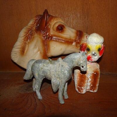3 Mid Century Figures, Plastic Horse Head for Pony on a Stick, Carnival Chalk Poodle and Metal Horse 