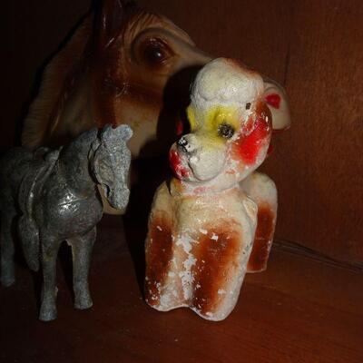 3 Mid Century Figures, Plastic Horse Head for Pony on a Stick, Carnival Chalk Poodle and Metal Horse 