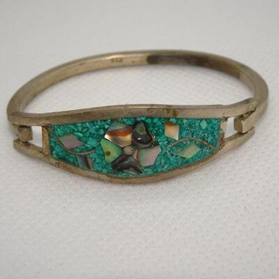 Children's Sterling & Turquoise Chips, MOP Latch Bracelet - Needs cleaned 