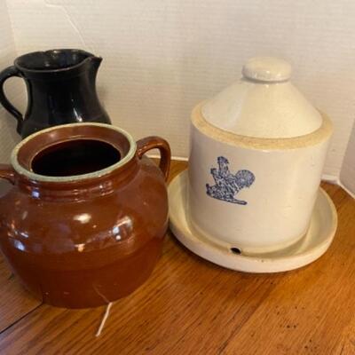 H704 Vintage Crock chicken feeder, bean pot, pitcher 