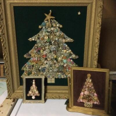 H-382 Three Framed Christmas Tree Jewelry Art