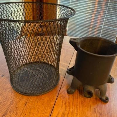 H696 Antique Advertising Trash Can and Sausage stuffer 