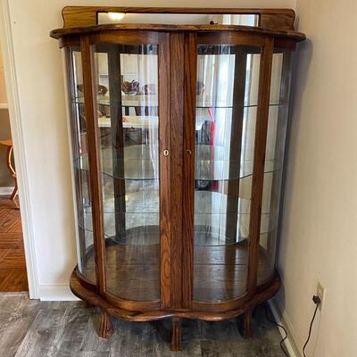 Oak & Curved Glass Claw Foot Lighted Curio Cabinet 