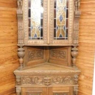 Uniquely Rare! Antique European Hand Carved Corner Cupboard with Stained Glass Panels 32