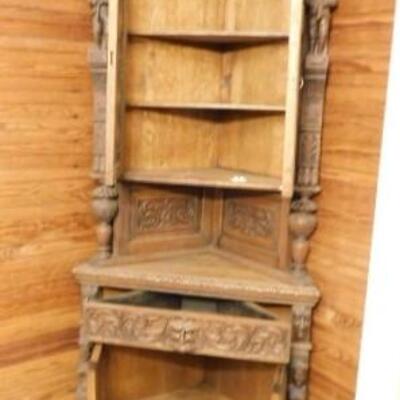 Uniquely Rare! Antique European Hand Carved Corner Cupboard with Stained Glass Panels 32
