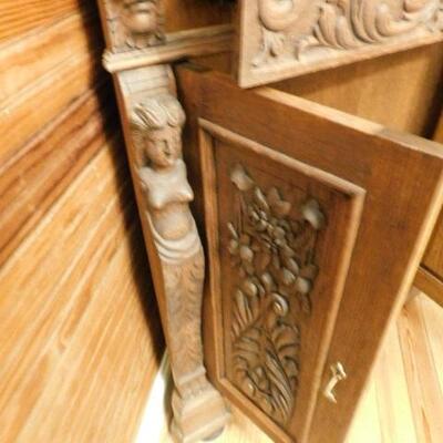 Uniquely Rare! Antique European Hand Carved Corner Cupboard with Stained Glass Panels 32