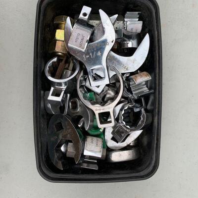 Tray of misc. crows foot socket wrench heads 